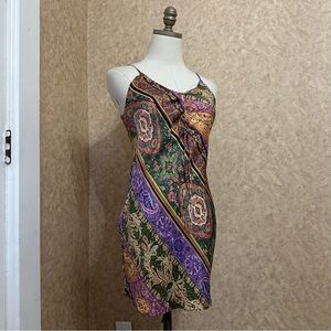 Satin Colorful Paisley Floral Boho Hippie Mini Ruched Slip Dress